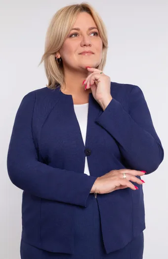 Tumesinine linane bleiser taskutega